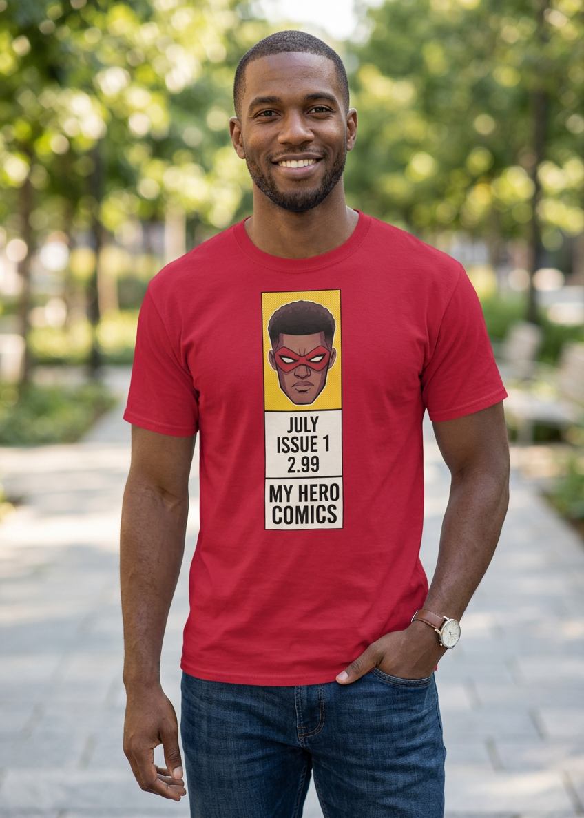 A man wearing a red graphic t-shirt with a comic book cover design that reads 'JULY ISSUE 1 2.99 MY HERO COMICS', standing outdoors on a paved path with trees in the background.