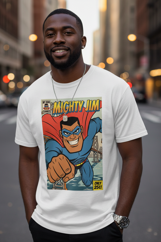 A man wearing a white graphic t-shirt featuring a vintage comic book cover of the character Mighty Jim, standing on a city street at dusk.