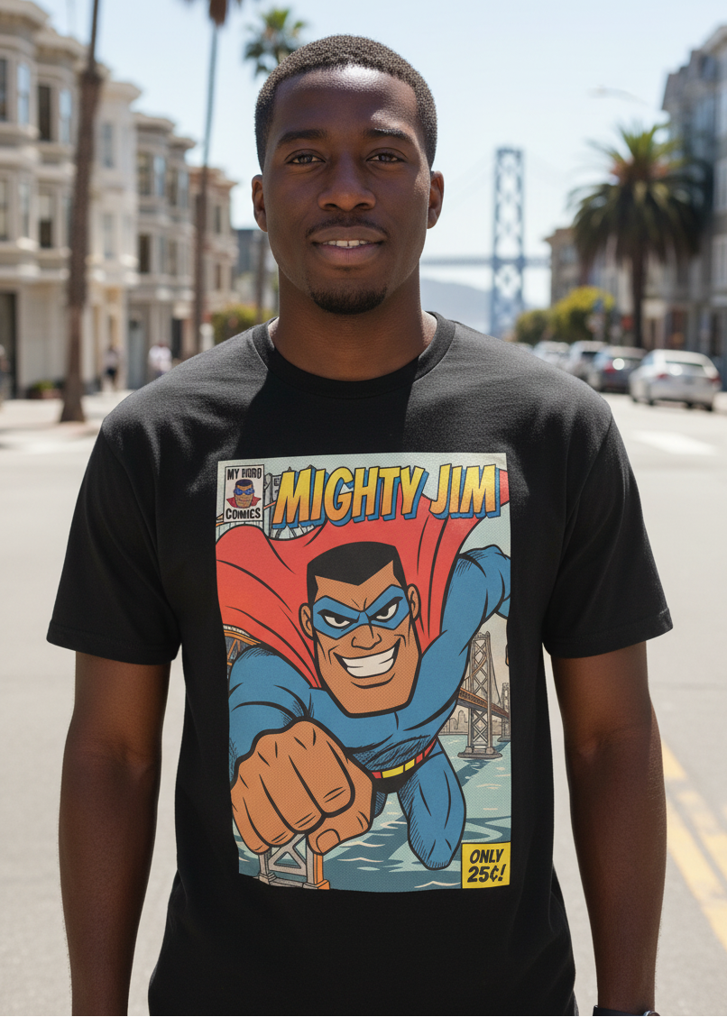 A man wearing a black graphic t-shirt featuring a comic book-style illustration of 'Mighty Jim' pointing forward, standing on a sunny city street with buildings and palm trees in the background.