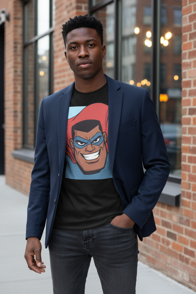 A man wearing a navy blue blazer over a black graphic t-shirt featuring a cartoon character with a red hood, paired with dark gray jeans, standing outdoors in front of a brick building.