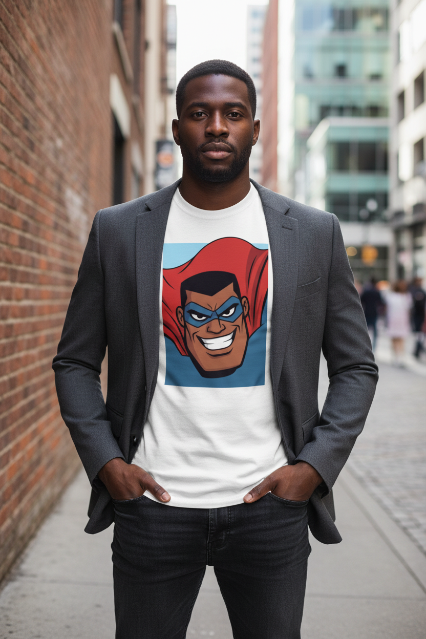 A man wearing a white graphic t-shirt with a cartoon superhero face print, styled with a dark gray blazer and dark jeans, standing in an urban alleyway.