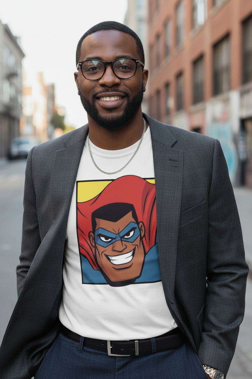 A man wearing a dark gray suit jacket and matching trousers over a white graphic t-shirt featuring a comic book character with a red cape and blue mask, standing on a city street.