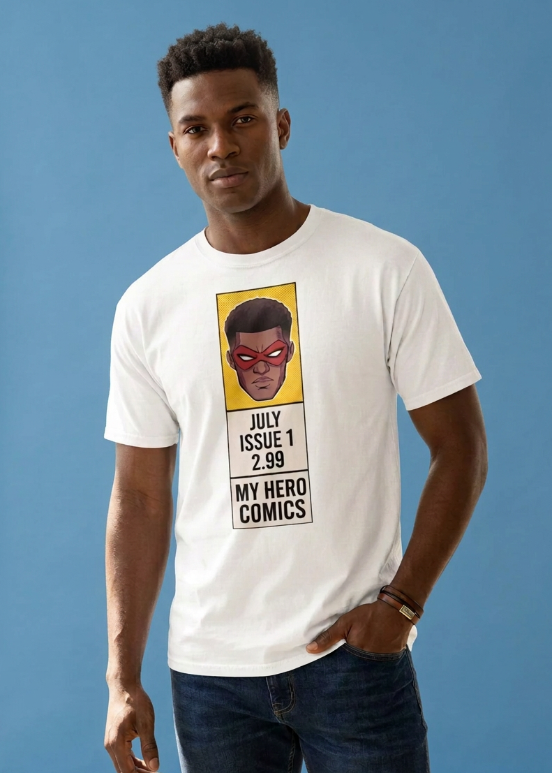 A man wearing a white graphic t-shirt with a comic book style illustration of a masked character and the text 'JULY ISSUE 1 $9.99 MY HERO COMICS', paired with dark blue jeans, set against a solid blue studio background.