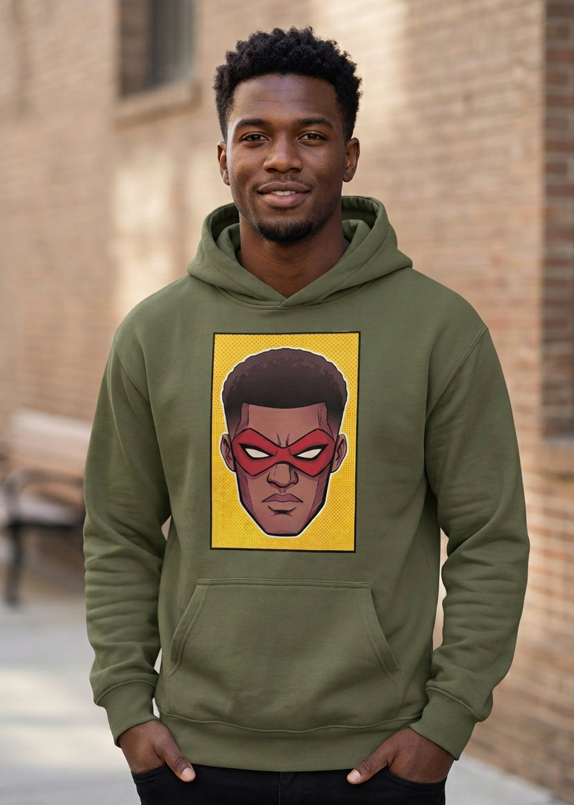 A man wearing an olive green hoodie with a graphic print of a superhero face on a yellow background, standing in front of a brick building.